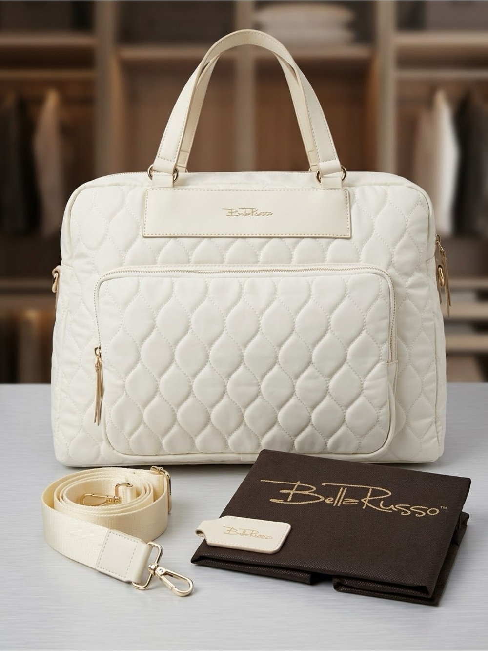 Bella Russo Quilted Cream Weekender Travel Carry On Bag Shoulder Strap